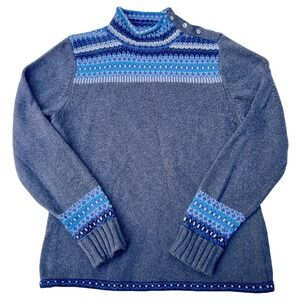 Jones Wear Sport W's L Blue Fair Isle Mock Neck Button Shoulder Sweater Knit Top